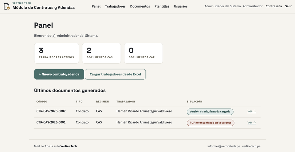 Panel del Módulo de Contratos y Adendas